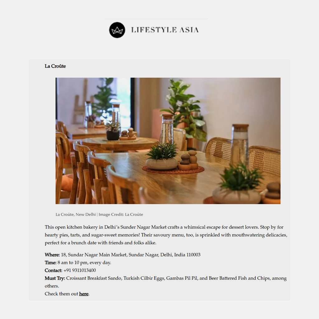 Lifestyle Asia feature on La Croute Global Kitchen and Pie Room
